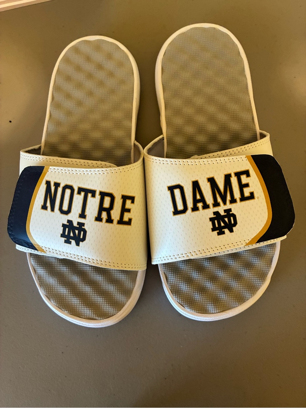 Notre Dame Women’s Adjustable White and Gold Slide Sandals